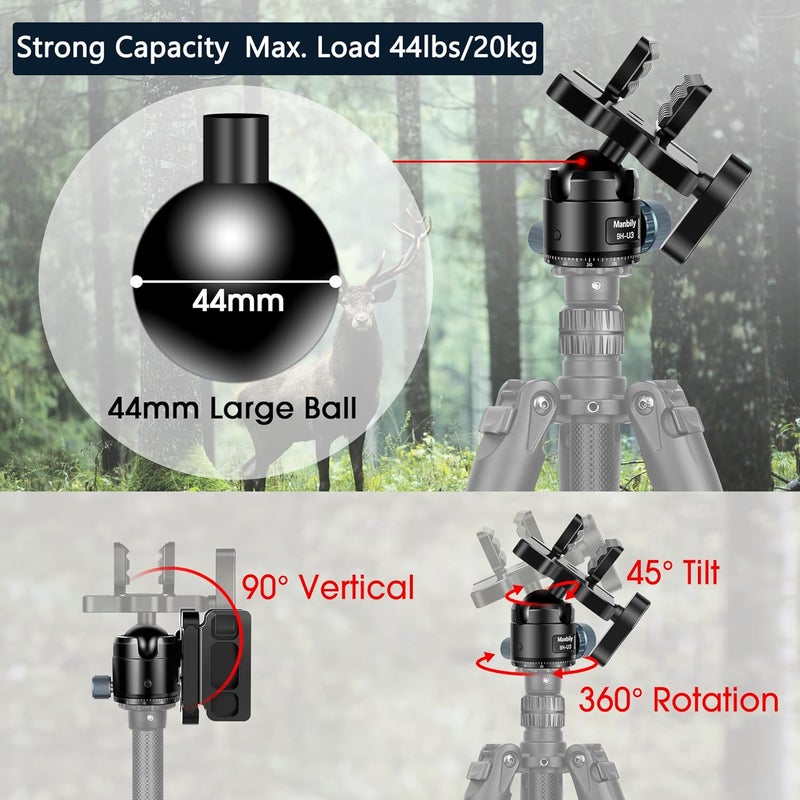 Manbily Shooting Saddle with Low Profile 44mm Ball Head, CNC Aluminum Heavy Duty 360° Tripod Head, Universal Rest Clamp for Hunting Shooting Stick Tripod, 44lbs/20kg Load Capacity, Black - Image 4